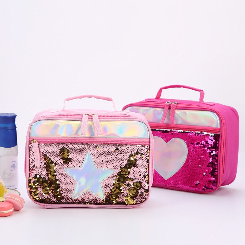 Pailletten Tragbare Zipper Isolierte Lunch Box Kinder Glitter Tote Tasche Gedruckt Polyester Mädchen Essen Picknick Taschen für Kinder Handtasche