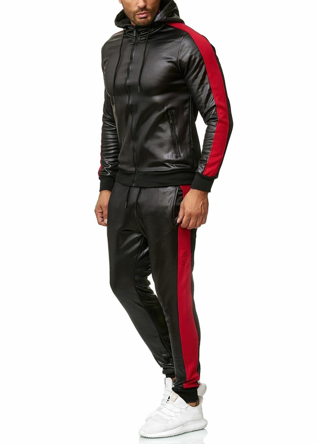 Herr pu läder vinter träningsoveraller män set tjocka hoodies dragkedja jackor byxor kostym sweatsuit herr hoodie sport kostym