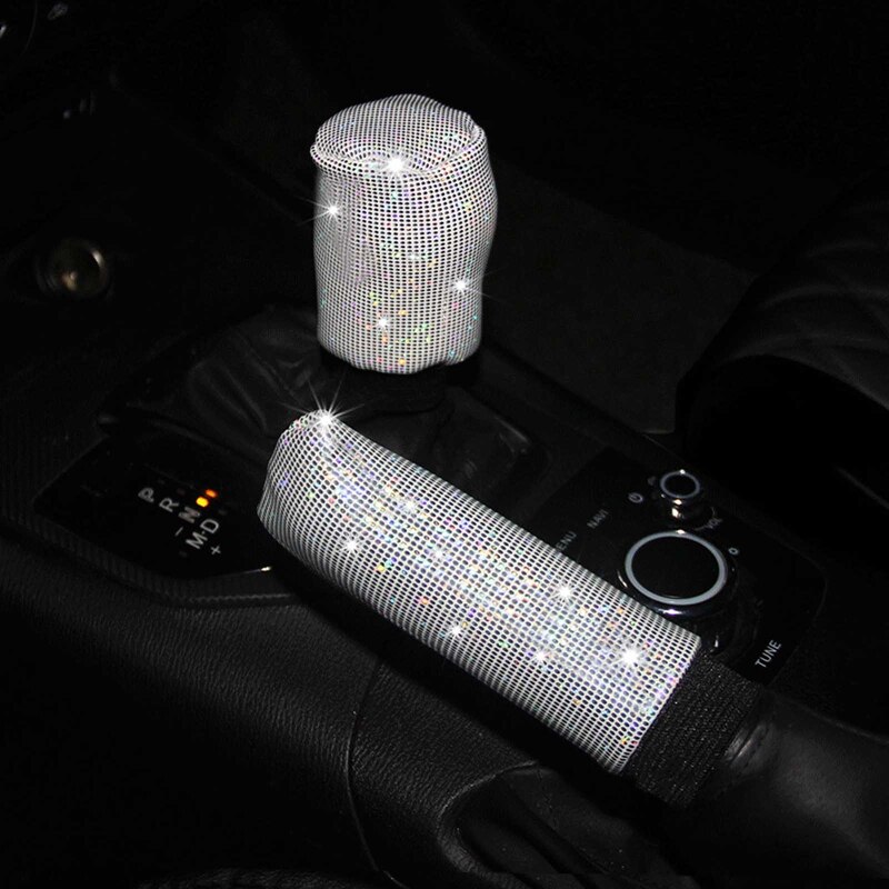 1 set diamant kristall bil växelkrage lock glitter strass auto shifter handbroms dekorationer interiörtillbehör: Vit