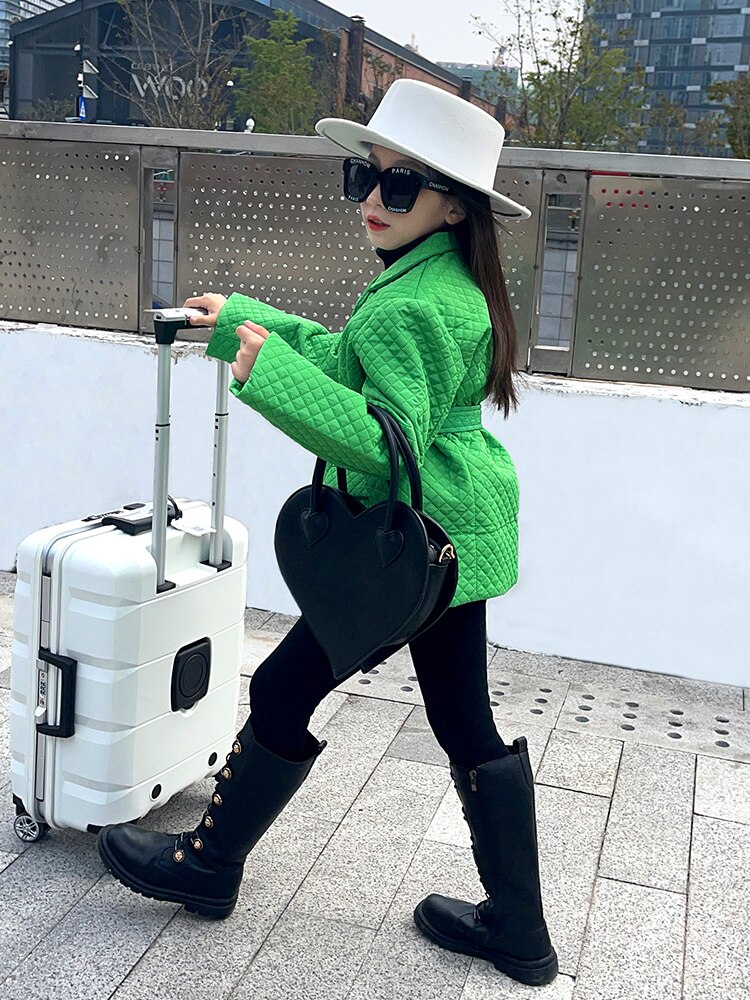 Meisje Jassen Herfst Winter Groene Mode Outfit Kinderen Plus Katoen Dikkere Uitloper Kids Lange Plaid Jassen 3-12Y WZ482