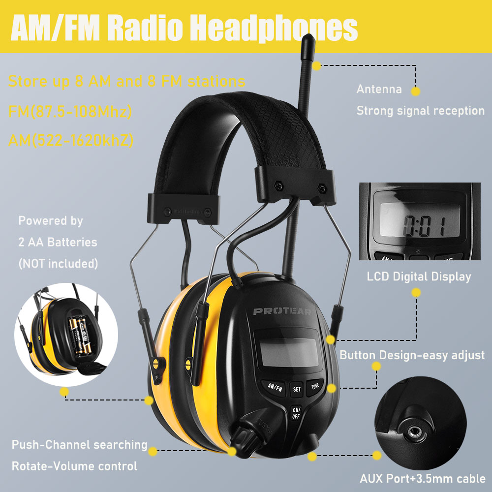 PROTEAR AM/FM Radio Headphones with Digital Display NRR 25dB Hearing Protection Noise Reduction Safety Earmuffs for Mowing