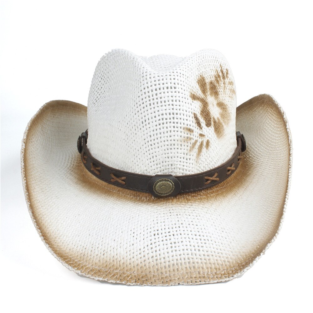 Western cowboy hat til kvinder halm kvast sombrero hombre strand bred rand cowgirl jazz sol hat størrelse 56-58cm: Hvid xx