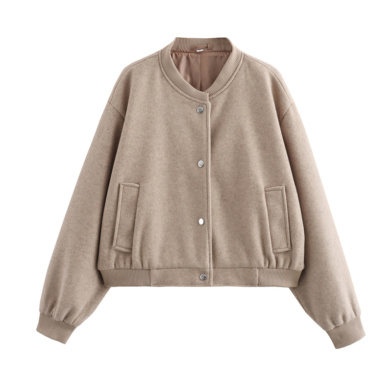 Traf damejakke cropped bomberjakker til kvinder beige sort tweedjakke dame med lange ærmer i korte frakker: S / Khaki