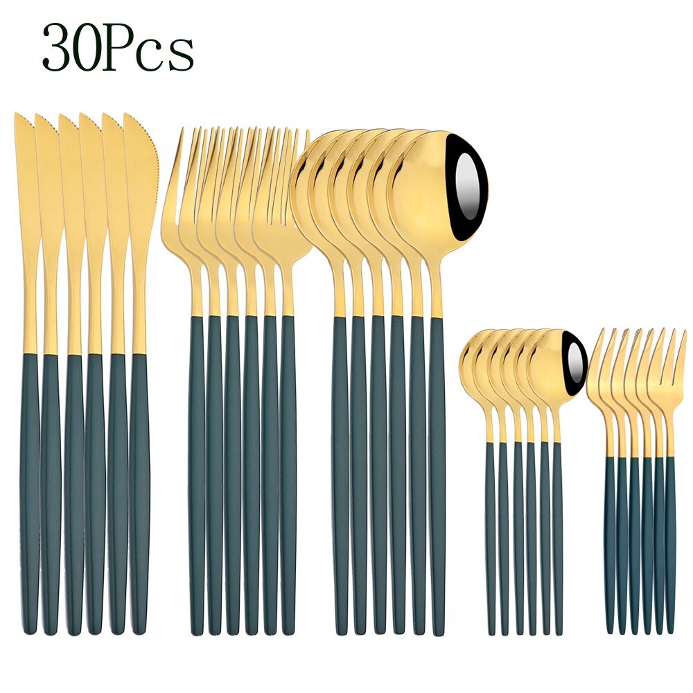 24pcs Cutlery Set Blue Silver Dinnerware Set Stainless Steel Silverware Knife Fork Spoon Tableware Flatware Set Dishwasher Safe: Green gold