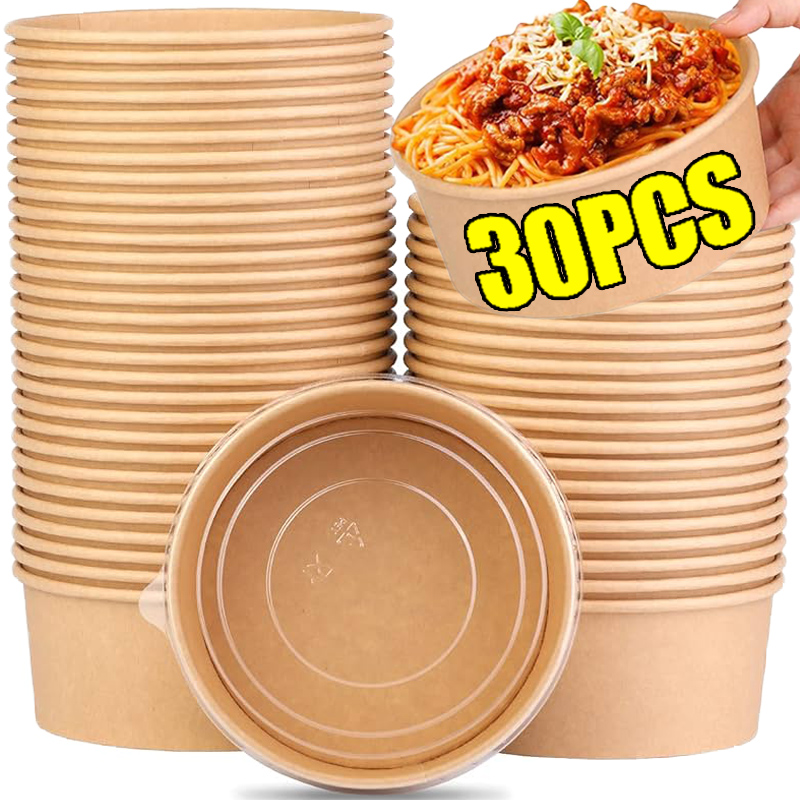 1/30pc Kraft Papier Mittagessen Kasten mit Deckel Tragbare Einweg für Heiße Suppe Salat Nudeln Eis Verpackung Schüsseln Boxen behälter