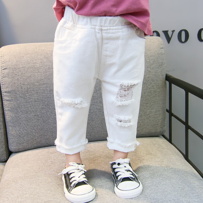 Spring girls white loose ripped jeans toddler kids casual all-match denim pants