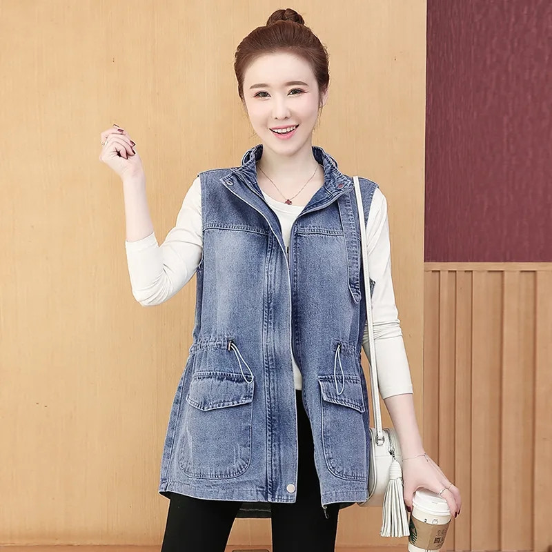 Mellomlang denimvest dame avslappet løs jeansjakke med korsrygg vester dame koreansk versjon denimkåpe yttertøy