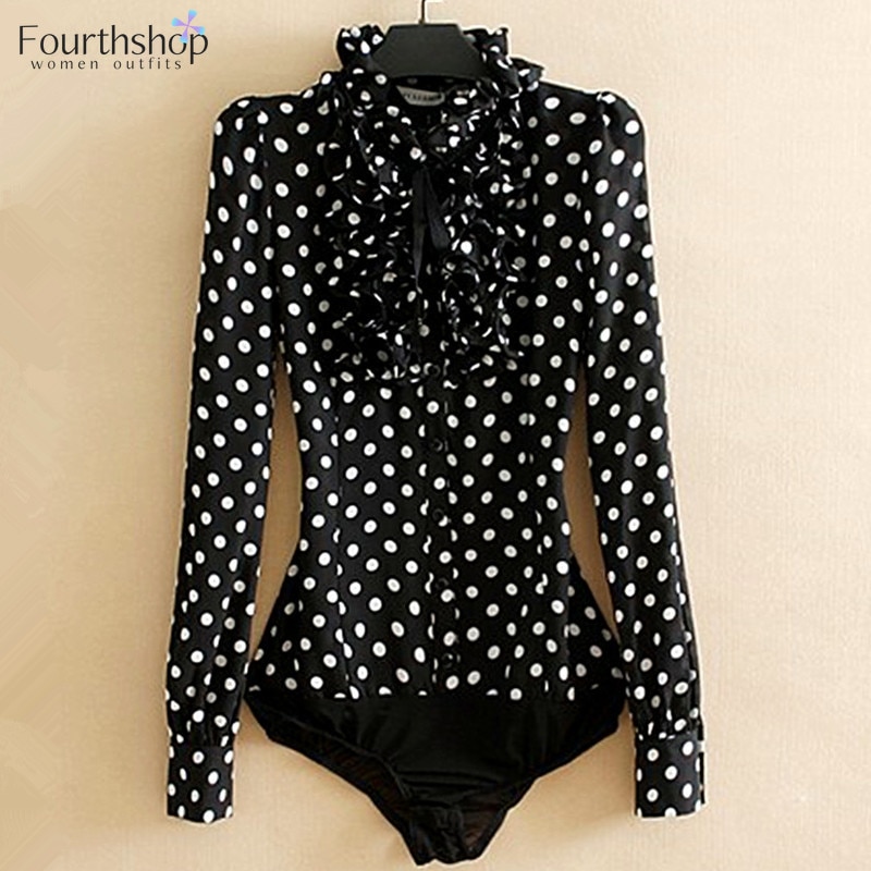 Body noir imprimé à pois pour femme, chemise à manches longues, à volants, style coréen, à la , barboteuse, haut,