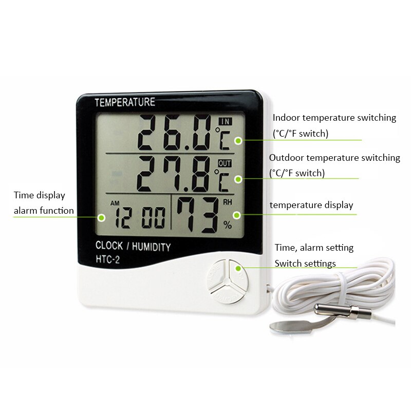 Medidor de humedad y temperatura Digital LCD HTC-1, higrómetro de exterior para interiores y HTC-2, estación meteorológica con reloj: HTC-2