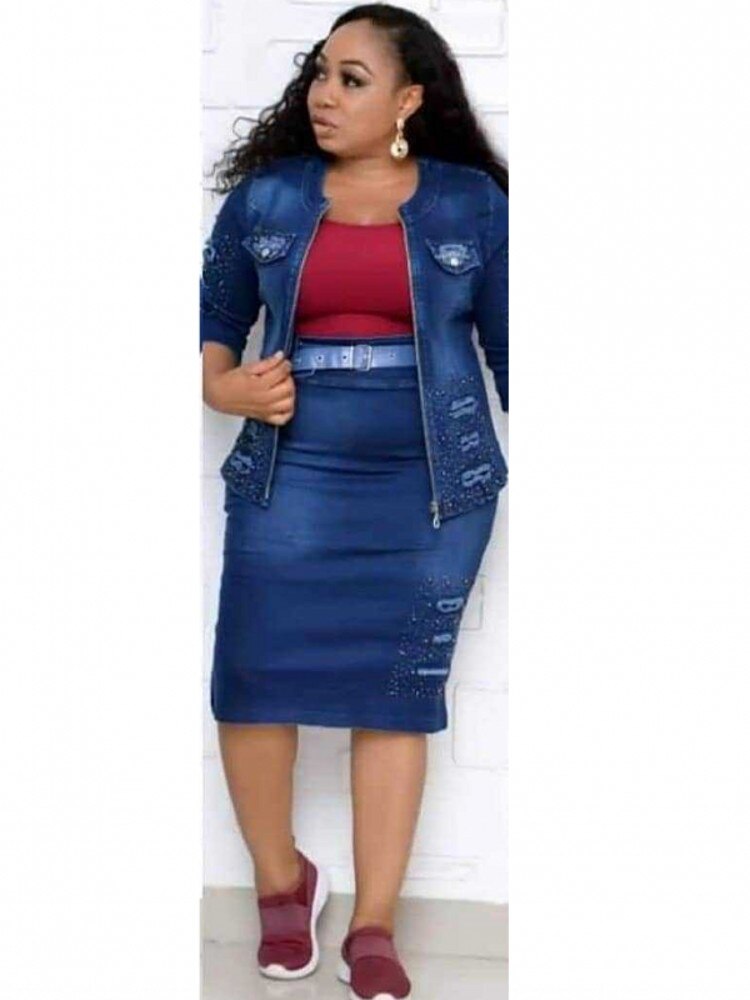 Denim Afrikaanse Jurken Set Voor Vrouwen Dashiki Vetement Femme Ankara Plus Size Jas En Rok 2 Stuks Afrikaanse kleding