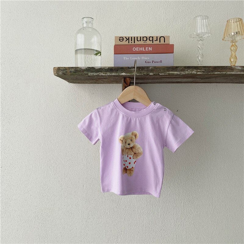 Peuter Baby Meisje Jongen Cartoon Beer Patroon Gedrukt Tops Zomer Kinderen Jongen Katoen Korte Mouw T-shirt: 5119-Light purple / 6m