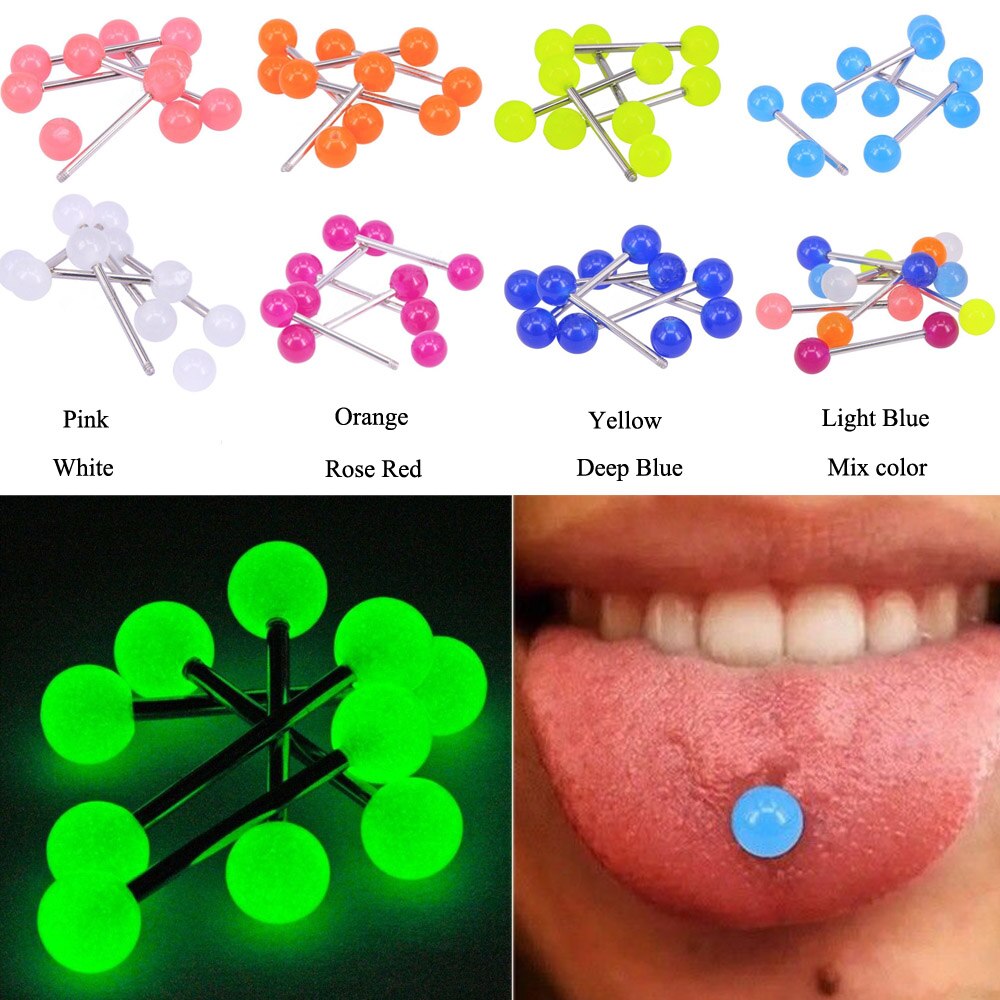 10 Stks/partij Noctilucent Barbell Tong Piercing Lengua Tong Ring Acryl Tepel Ring Helix Piercing Langue Ear Body Sexy Sieraden