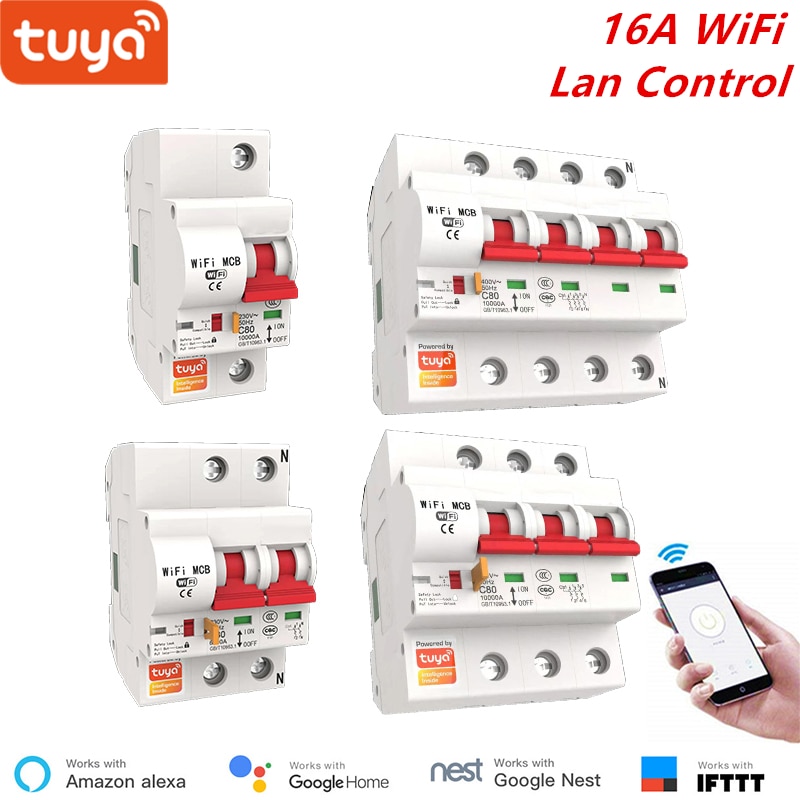 Disjoncteur WiFi intelligent Tuya Smart Life 16A, Protection contre les courts-circuits, Compatible avec Alexa Echo Google, télécommande