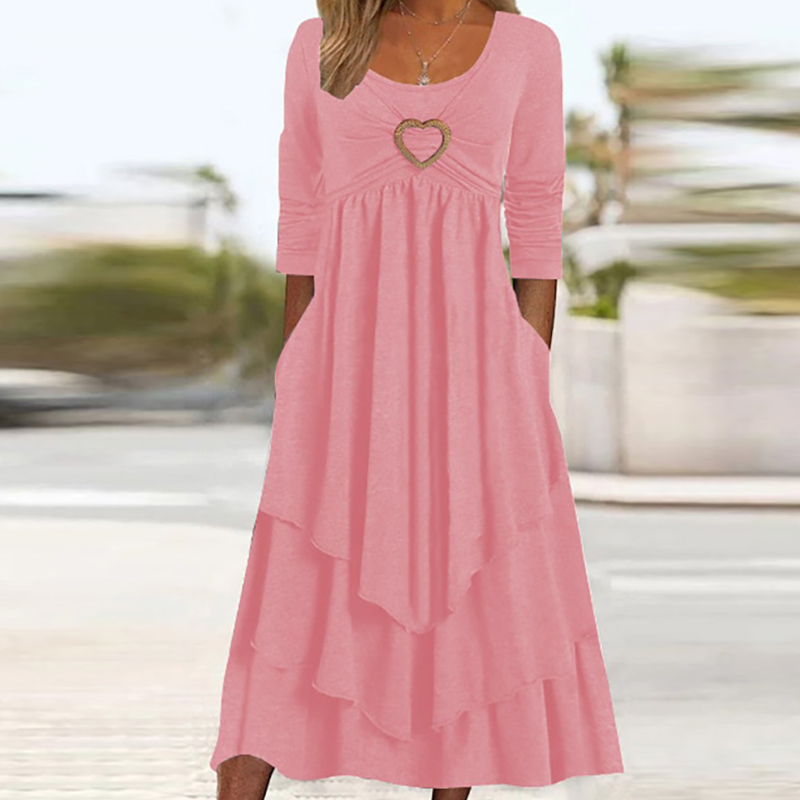 Office Women Patchwork Pockets Midi Dress Round Neck Basic Solid Long Sleeve Dress Lady Casual Summer Ruffles Club Dress: XL / Blue