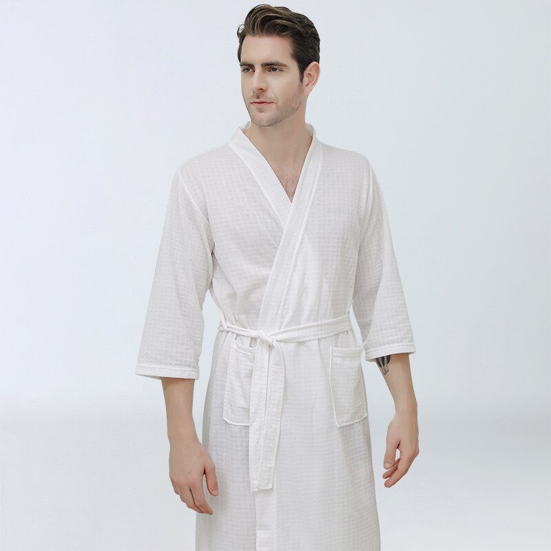 Mannen Nachtkleding Mannen Nightgowns Kimono Robe Katoenen Badjassen Homewear Pijama Lange Mouwen Robe Peignoir Homme: white / M