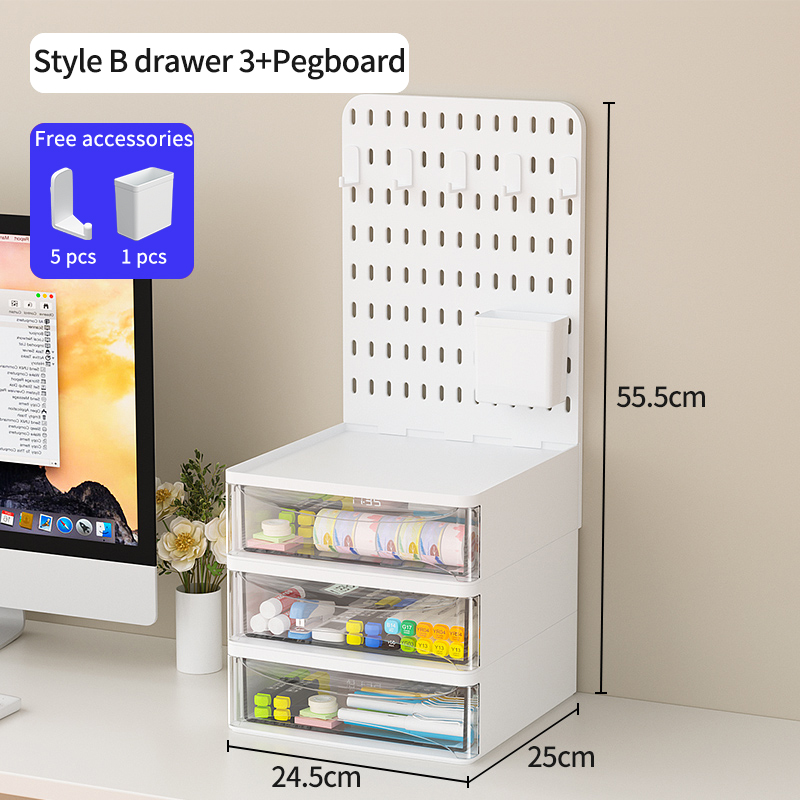 Pegboard de escritorio de oficina con estantes de almacenamiento y cajas de almacenamiento, cajones de gran capacidad y de combinación libre.