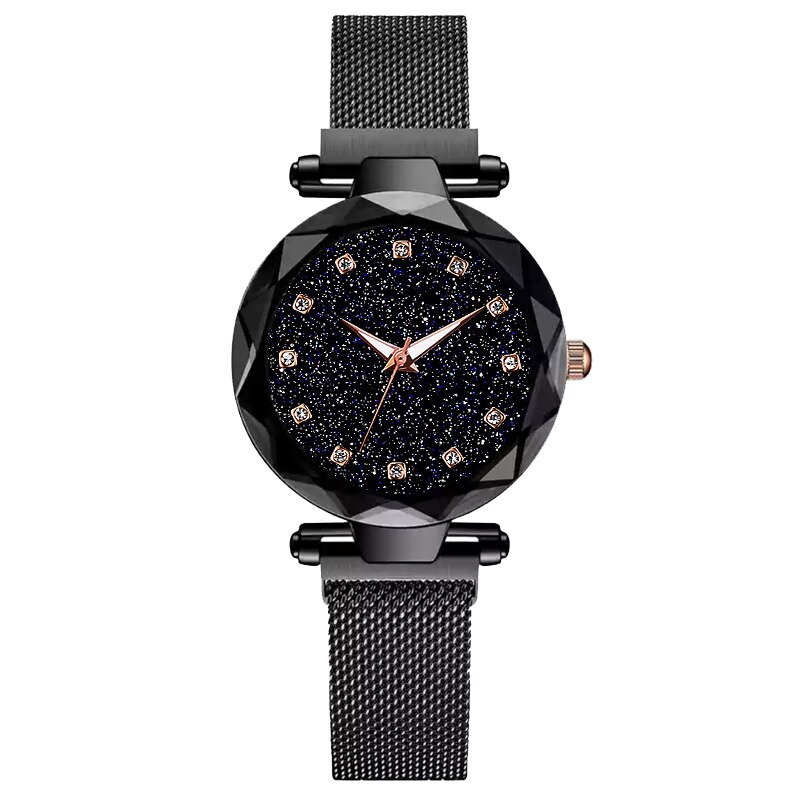 Luxe Rose Goud Vrouwen Armband Horloges Minimalisme Sterrenhemel Magneet Gesp Mode Klok Romeinse Cijfer Wijzerplaat Dames Horloge: Black