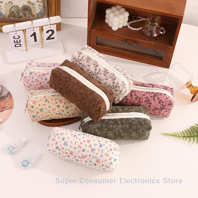 Cute Printed Pencil Case Aesthetic Retro Floral Pencil Pouch Flower Cosmetic Bag Large Capacity Stationery Organizer Supplies