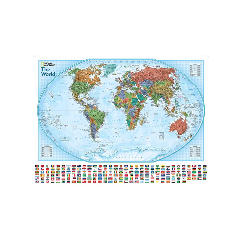 150 x 225cm non-woven fysisk verdenskort med nationale flag verdens hammer projektion kort for kultur og uddannelse