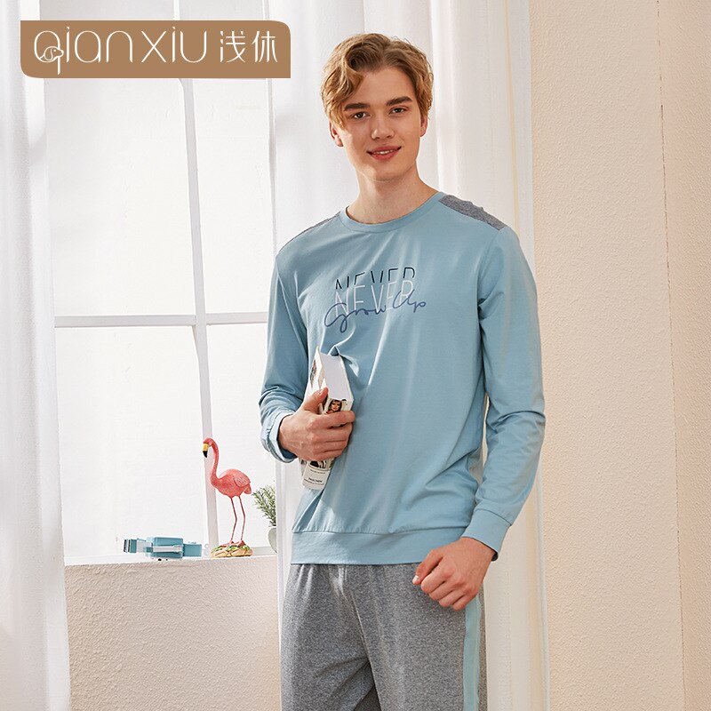 Men's Cotton Pajamas Letter Sleepwear man long sleeve blue Pajama Sets Casual Sleep&Lounge Pyjamas male round collar Pijama