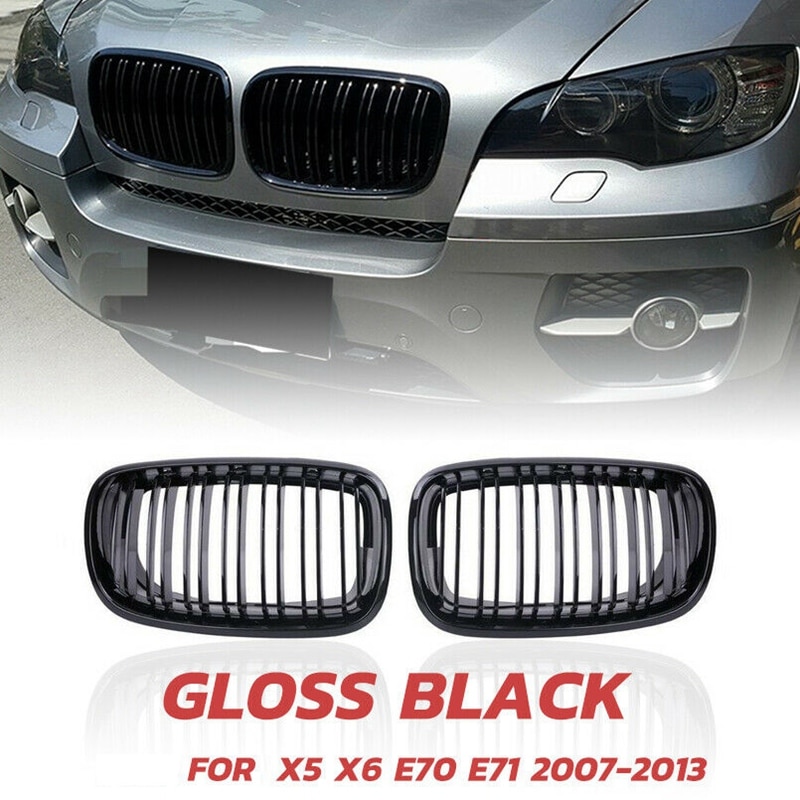 X5 X6 Grill, Front Kidney Double Line Grille for 2007-BMW X5 E70 X6 E71 (ABS Gloss Black Grill, 2-Pc Set): Default Title