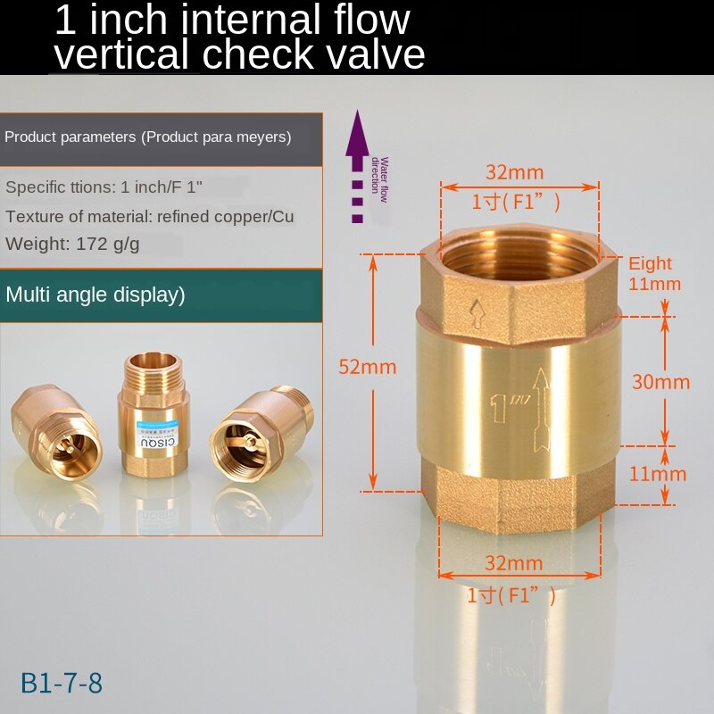 Copper 1/2IN Discrete Check Valve Spring Check Valve 3/4IN 1 Inch Thread Horizontal Check Valve: B1-7-8