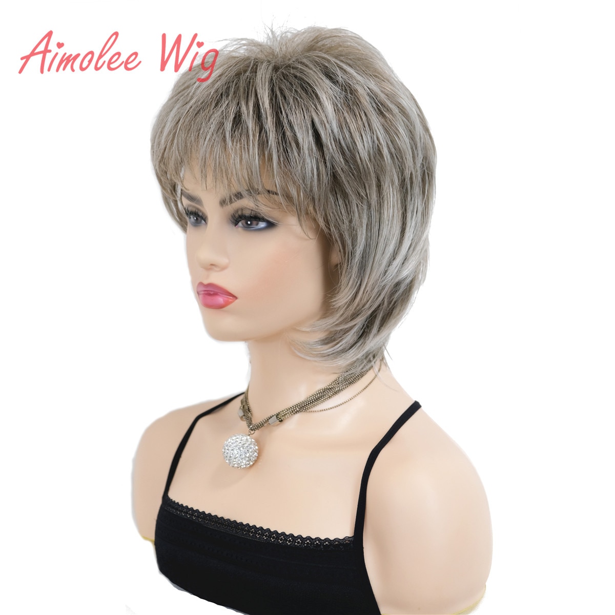 Peluca sintética en capas para mujer, pelo corto y liso, color gris plateado, mezcla de cabello natural
