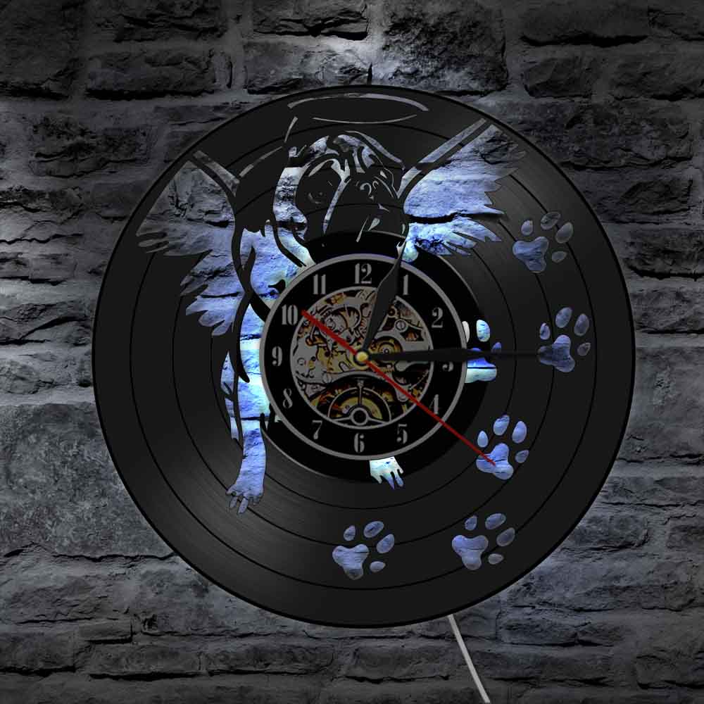 Horloge murale en vinyle pour bouledogue français, avec aile d&#39;ange, Art moderne, Vintage, carlin, chien, décoration de maison, lumineux LED
