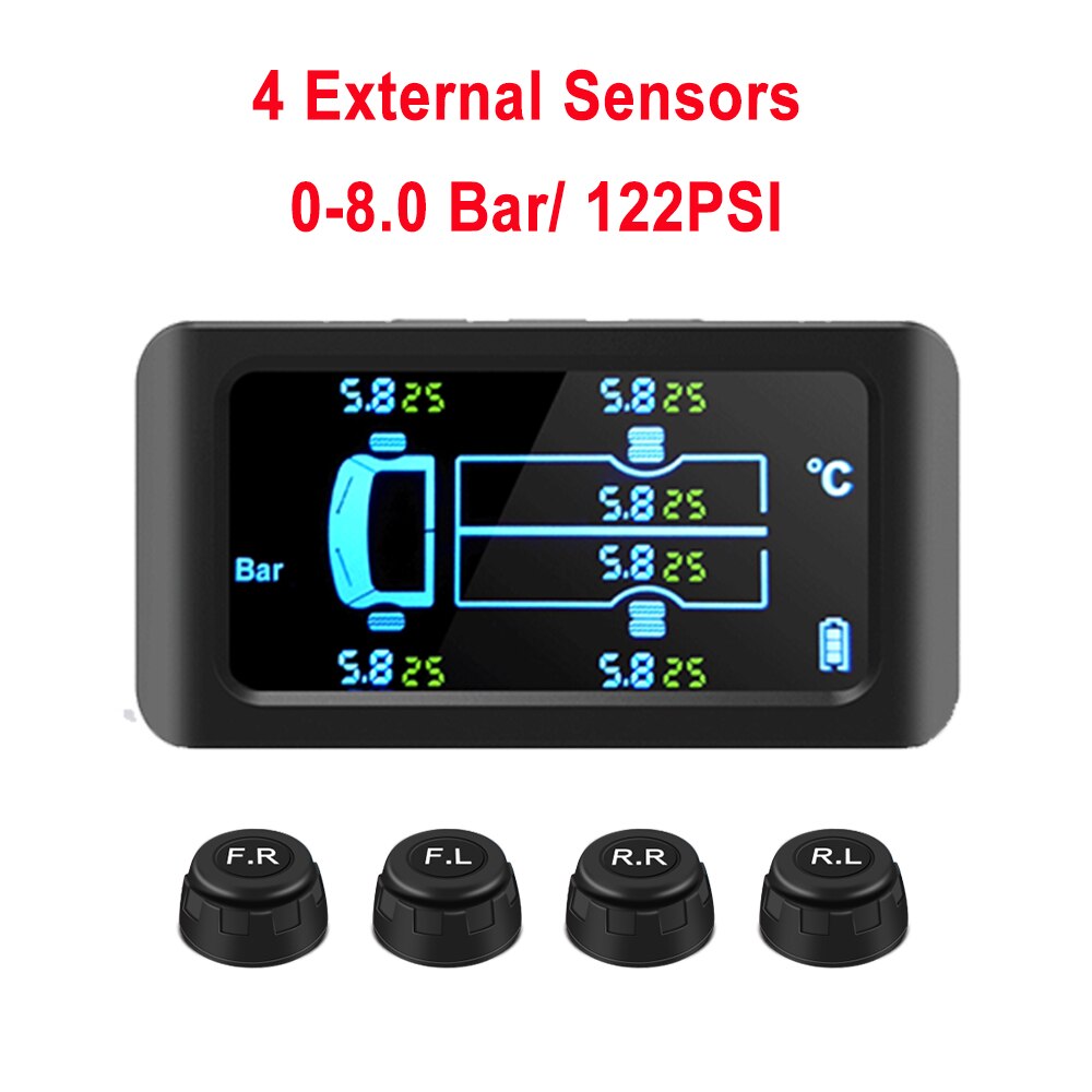 Universal truck tpms med 6 eksterne sensorer 8.5 bar dæktryk monitor solopladnings monitor tmps dæktryk sensor: 4 sensorer 8.0 bar