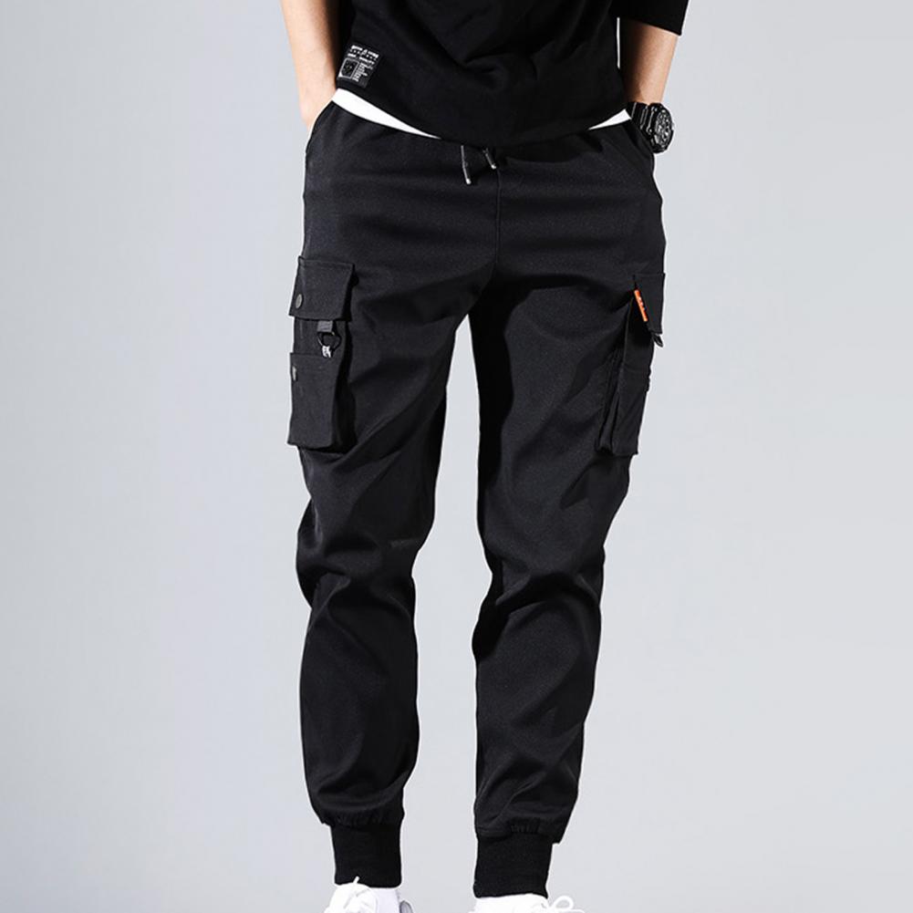 Men Drawstring Strap Elastic Waist Pants Solid Color Thin Male Men Beam Feet Cargo Pants for Daily Life