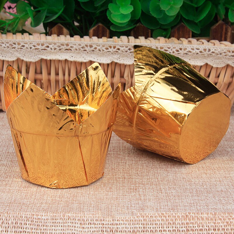 50Pcs Golden Muffin Cupcake Liner Tulip Flower Shape Cupcake Liner Baking Cup Tray Cake Wrapper Tray Case Oilproof Cake Wrapper: Gold