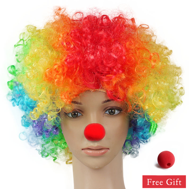 Kleurrijke Clown Pruik Afro Krullend Synthetische Pruik Cosplay voor Mannen Vrouwen Mardi Gras Party Pruik Rood Groen Geel Blauw Pruik Clown Neus: multi color