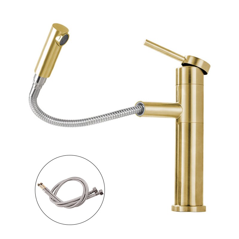 Brass Bathroom Basin Faucet 60cm Pull Out Basin Faucet Cold Mixer Crane Basin Taps Rotatble Brushed Gold: Brushed Gold