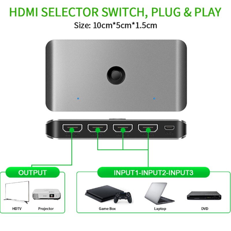ROCKETEK KVM Switch Box 3 Port 3 In1Out HDMI Switcher 4K 60Hz ,with Infrared Remote Control,for Keyboard Mouse Printer Monitor
