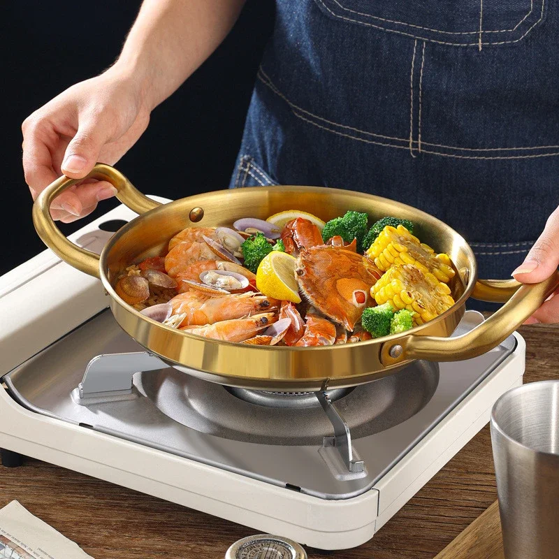 Cuenco de olla seca de acero inoxidable, olla de arroz de mariscos españoles, olla del Ejército Coreano dorada, sartén comercial gruesa de doble oreja