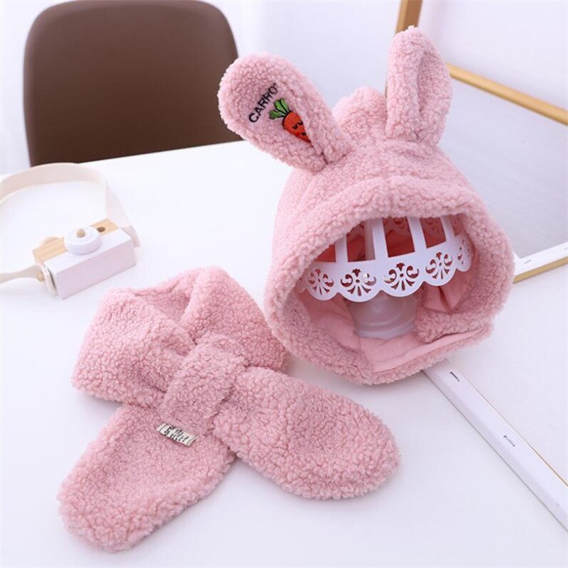 Kindermuts met konijnenoren, kindermutsen, muts en sjaal, meisjesset met katoenen oorbeschermers, kartonnen muts, winterwarm, 1-5t roze
