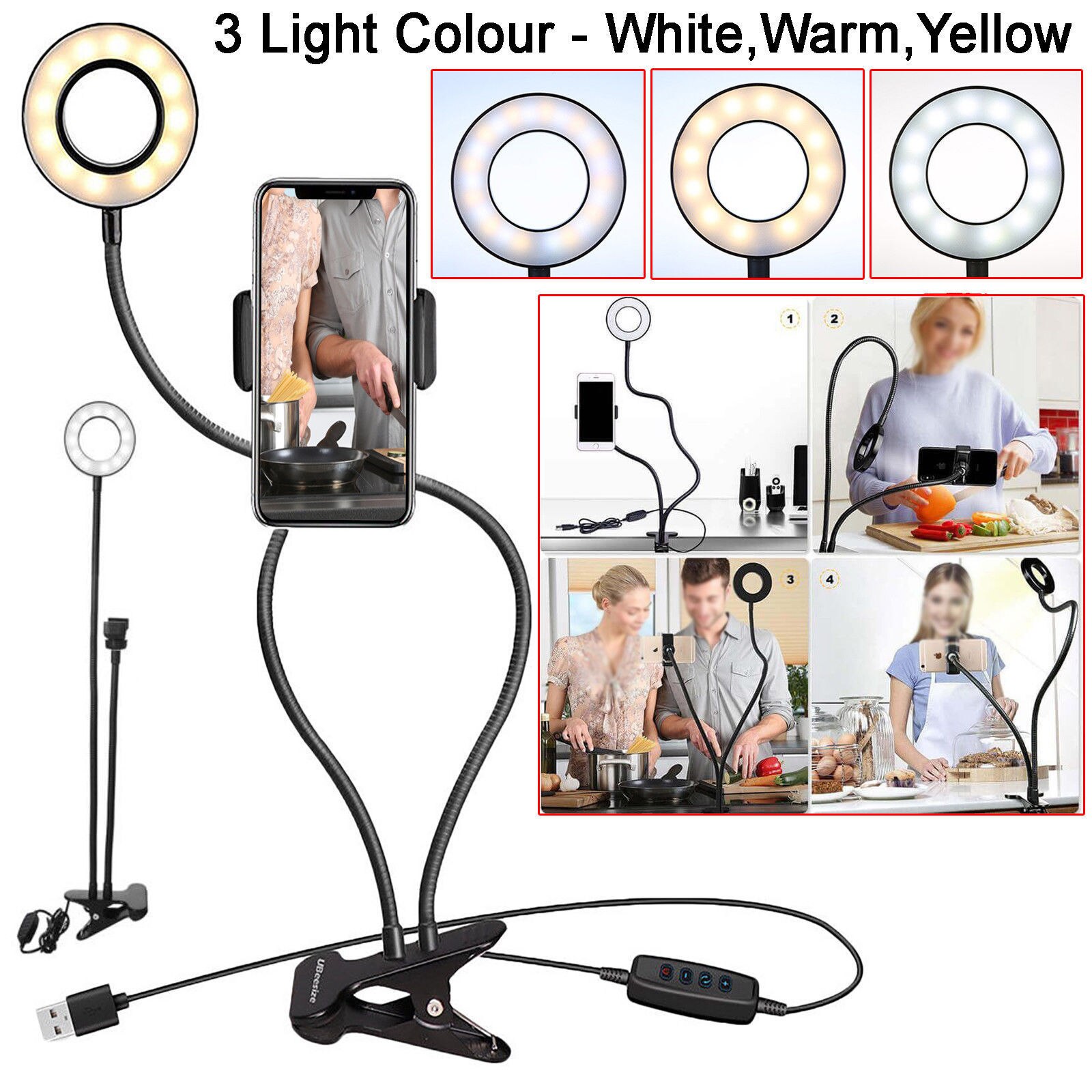 Selfie Flash-Ring Licht + Handy Halter 24 LED Kamera Lange Arm USB Clip Auf USB10-Level Helligkeit