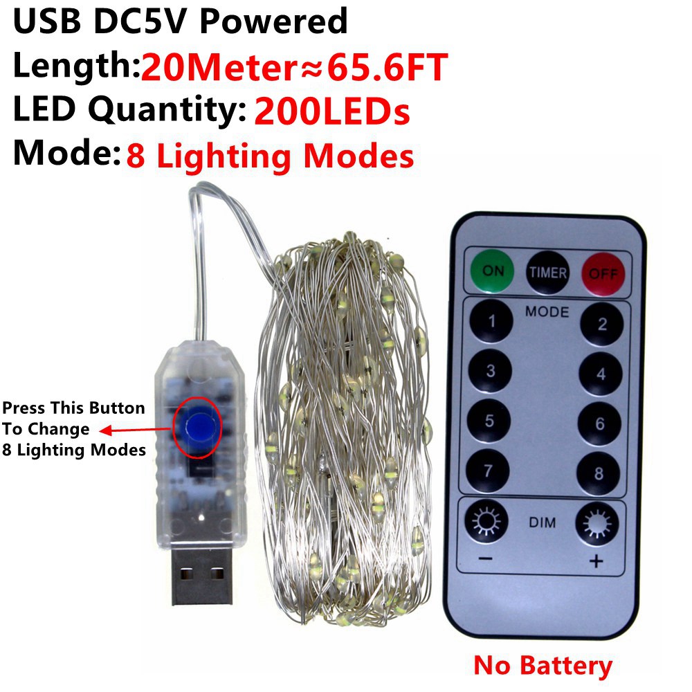 Afstandsbediening Fairy Lights Koperdraad Timer Led String Lights Garland Kerst Decoratie Verlichting Usb Batterij Aangedreven 5/10/20M: USB-20M / Warm White