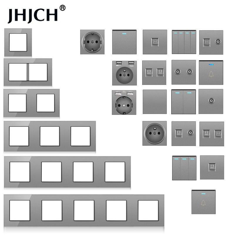 jhjch wall-mounted module diy European standard gray crystal glass panel power socket switch button function free combination