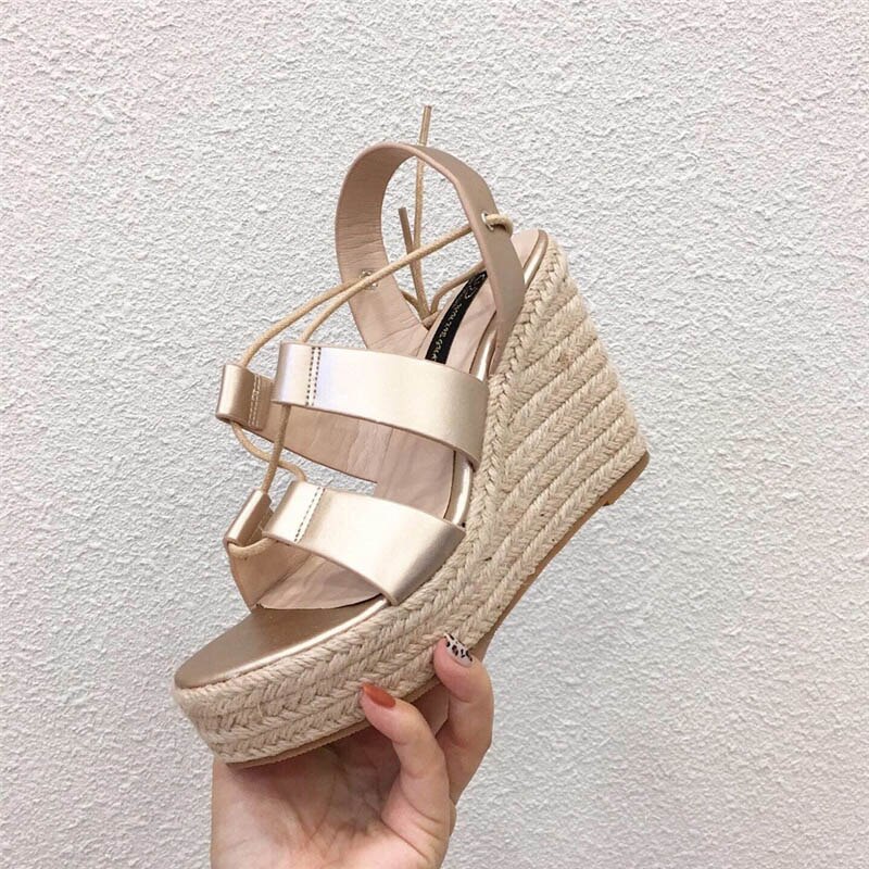 Summer Women Lace Up Platform Sandals Gold Nude High Heels Wedge Sandals Peep Toe Cork Sandals Party Shoes: Gold / 7.5