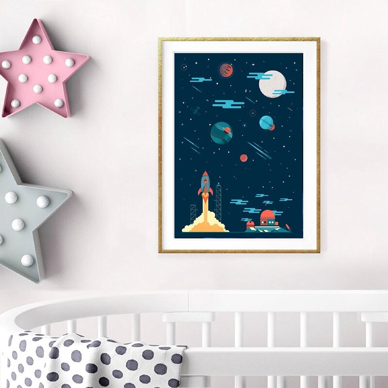 Space Theme Prints Planets Rocket Astronaut Cartoon Poster Moon Stars Nursery Wall Art Painting Boys Kids Room Wall Decor