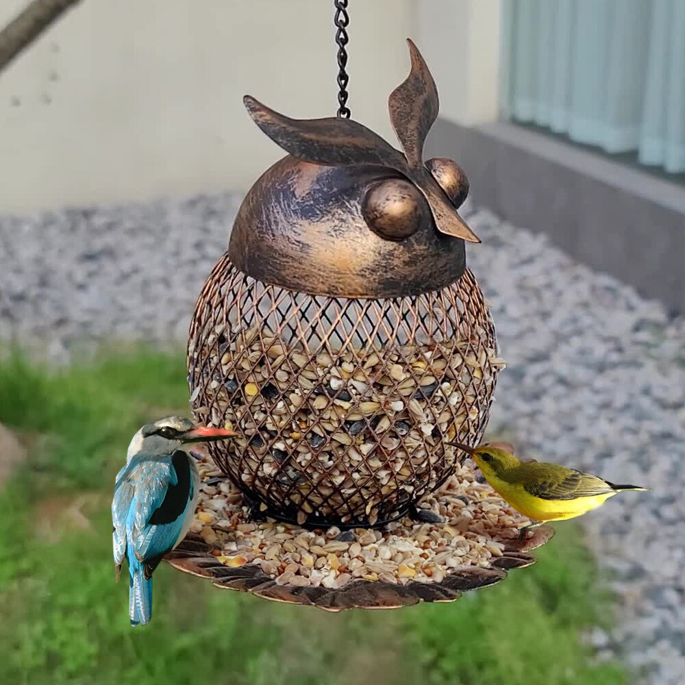 1pc Wild Bird Owl Shape Feeder Outside Hanging Metal Mesh Wild Hummingbird Feeders Owl Decor Accessories for Outdoor Garden Yard