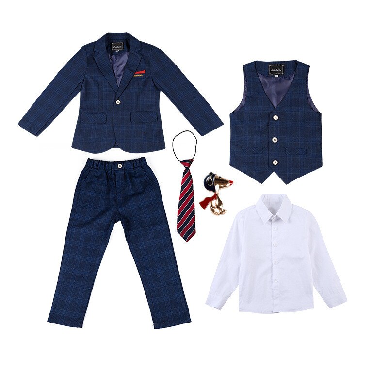 Traje de chaqueta para niños, traje Formal de esmoquin para niños, conjuntos de ropa a cuadros, abrigo de día para de boda, chaleco, pantalón, disfraces: Blue 6 Pcs Sets / 90