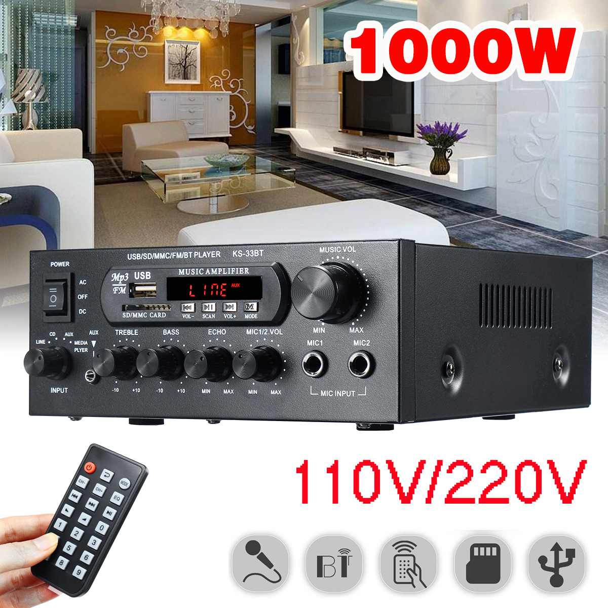 Thuis Versterkers Audio 220V Bass Audio Power Bluetooth Digitale Versterker Hifi Fm Usb Sd Led 1000W Voor Subwoofer luidsprekers