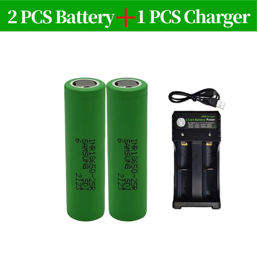 Batterie aste au lithium-ion INR18650-25R 3.7V 2000mAh pour télécommande Durable 24.com + chargeur: green