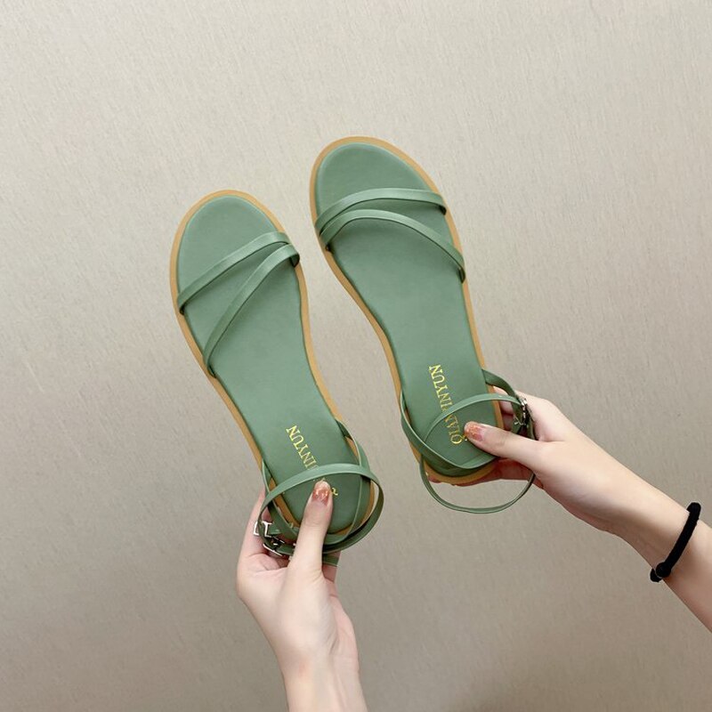 Vrouwen Rome Sandalen Zomer Mode Retro Casual Outdoor Strand Gesp Enkel Starp Open Teen Flats Vrouwelijke Schoenen Sandalias: green / 9
