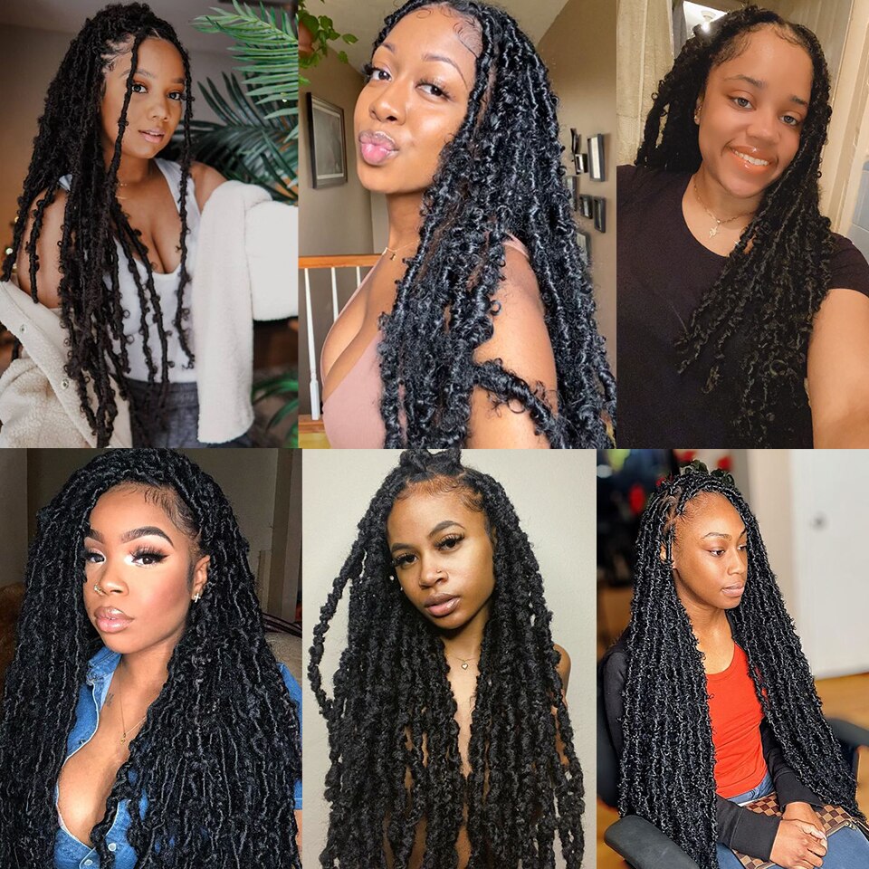 Butterfly Locs Crochet Hair 24 Inch Pre Looped Soft Distressed Faux Locs Hair Long Butterfly Locs Braid Crochet Natural Black