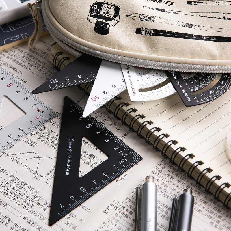 M & g 4 stk/sett linjalsett i aluminium geometri, studenter matematikk metall skrivesaker trekantede linjaler, vinkelmåler, kontorskoleutstyr
