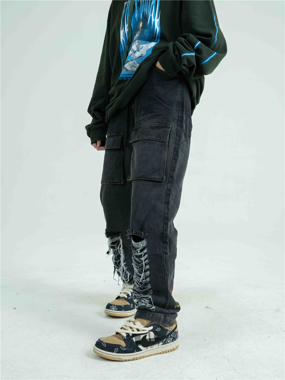 LINDSEY SEADER Männer Denim Hosen gerissen Löcher Straße Hüfte hüpfen Denim Hosen Harajuku betrübt Denim Schlauch Jean Hosen