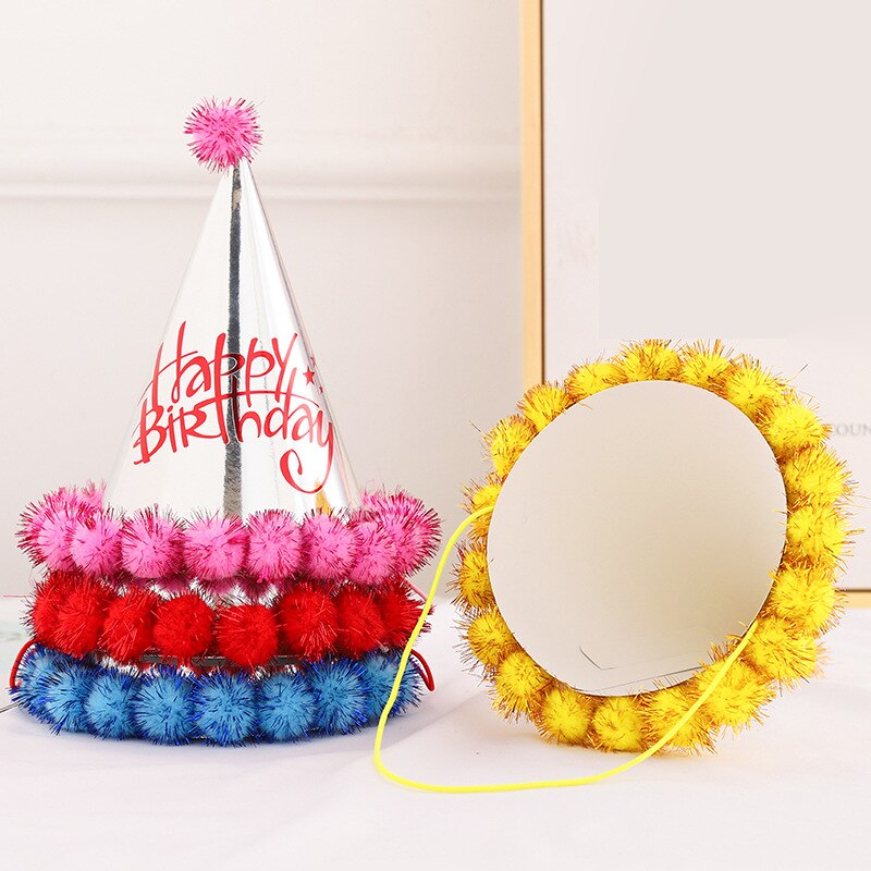 2pcs Birthday Cap Baby Kid Birthday Party Hat Child Crown Decoration Pompon Cap silver Birthday Hat Party decoration supplies